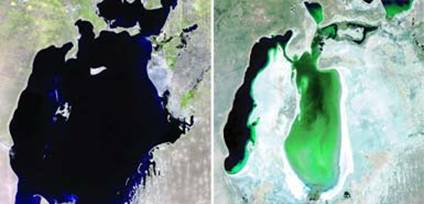 Satellite images of the Aral Sea in 1973, left, and 2004